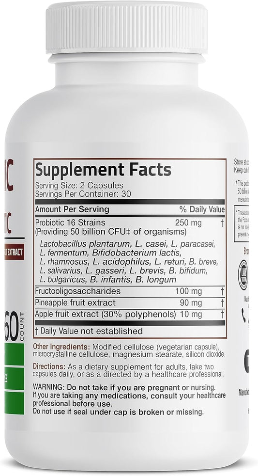 Bronson Probiotic 50 Billion Cfu + Prebiotic With Apple Polyphenols & Pineapple Fruit Extract For Women & Men Non-Gmo, 60 Vegetarian Capsules