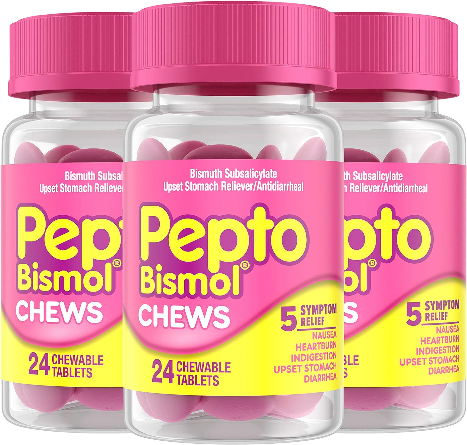 Pepto Bismol Chews, Fast and Effective Digestive Relief from Nausea, Heartburn, Indigestion, Upset Stomach, Diarrhea, 24 Chewable Tablets x 3, 72 Total