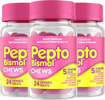 Pepto Bismol Chews, Fast and Effective Digestive Relief from Nausea, Heartburn, Indigestion, Upset Stomach, Diarrhea, 24 Chewable Tablets x 3, 72 Total