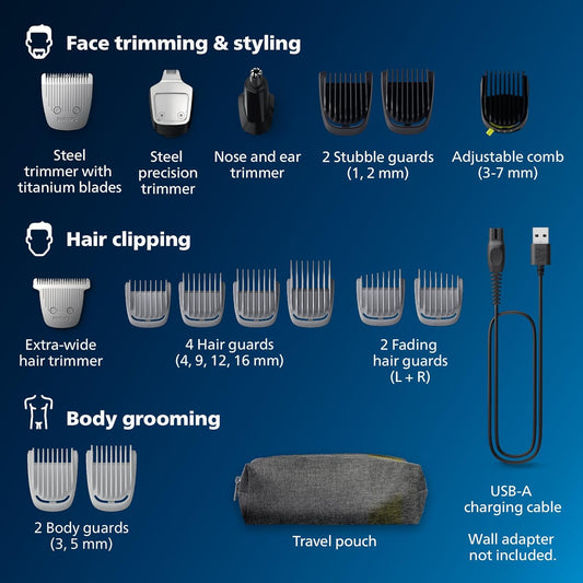 Philips Norelco Multigroomer All-In-One Trimmer Series 5000, 18 Piece Mens Grooming Kit, For Beard Face, Hair, Body Hair Trimmer For Men, No Blade Oil Needed, Mg5750/49