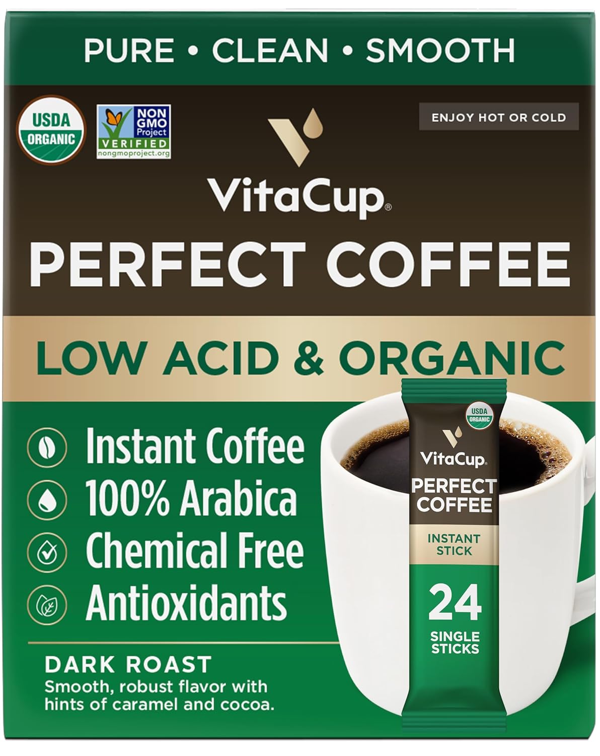 Vitacup Perfect Low Acid Instant Coffee Packets, Dark Roast Coffee, Usda Organic & Fair Trade, Third Party Tested For Mycotoxins & Pesticides, Single Origin, Clean & Pure, 24 Ct