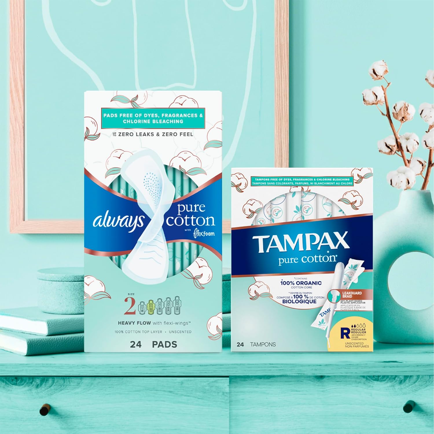 Tampax Pure Cotton Tampons Multi Pack, Contains 100% Organic Cotton Core, Regular/Super Absorbency, unscented, 22 Count x 3 Packs (66 Count total) : Health & Household