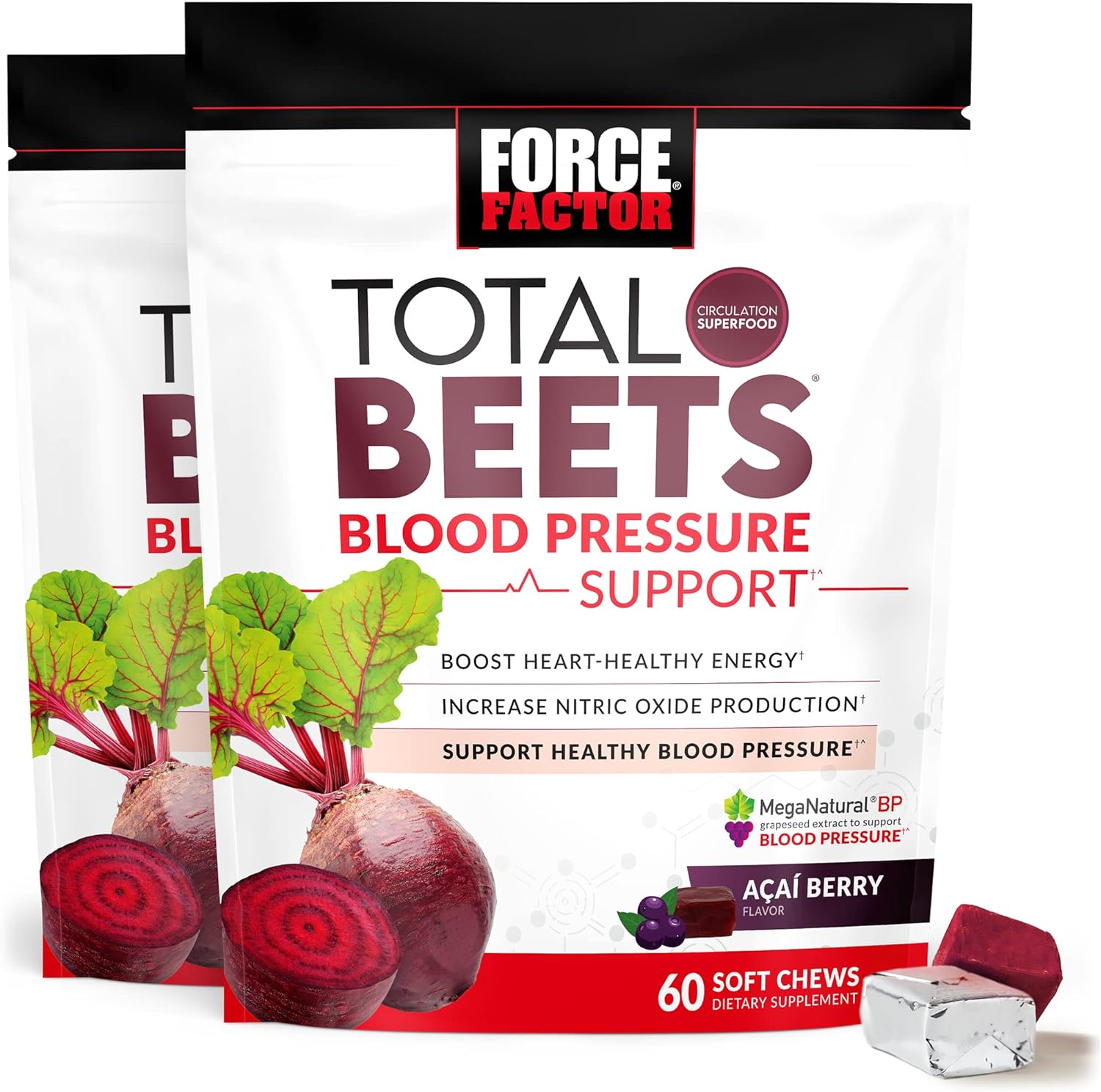 FORCE FACTOR Total Beets Blood Pressure Support Supplement, Beets Supplements with Beets Powder, Great-Tasting Beets Chewables for Heart-Healthy Energy, and Increased Nitric Oxide, 120 Chews, 2-Pack