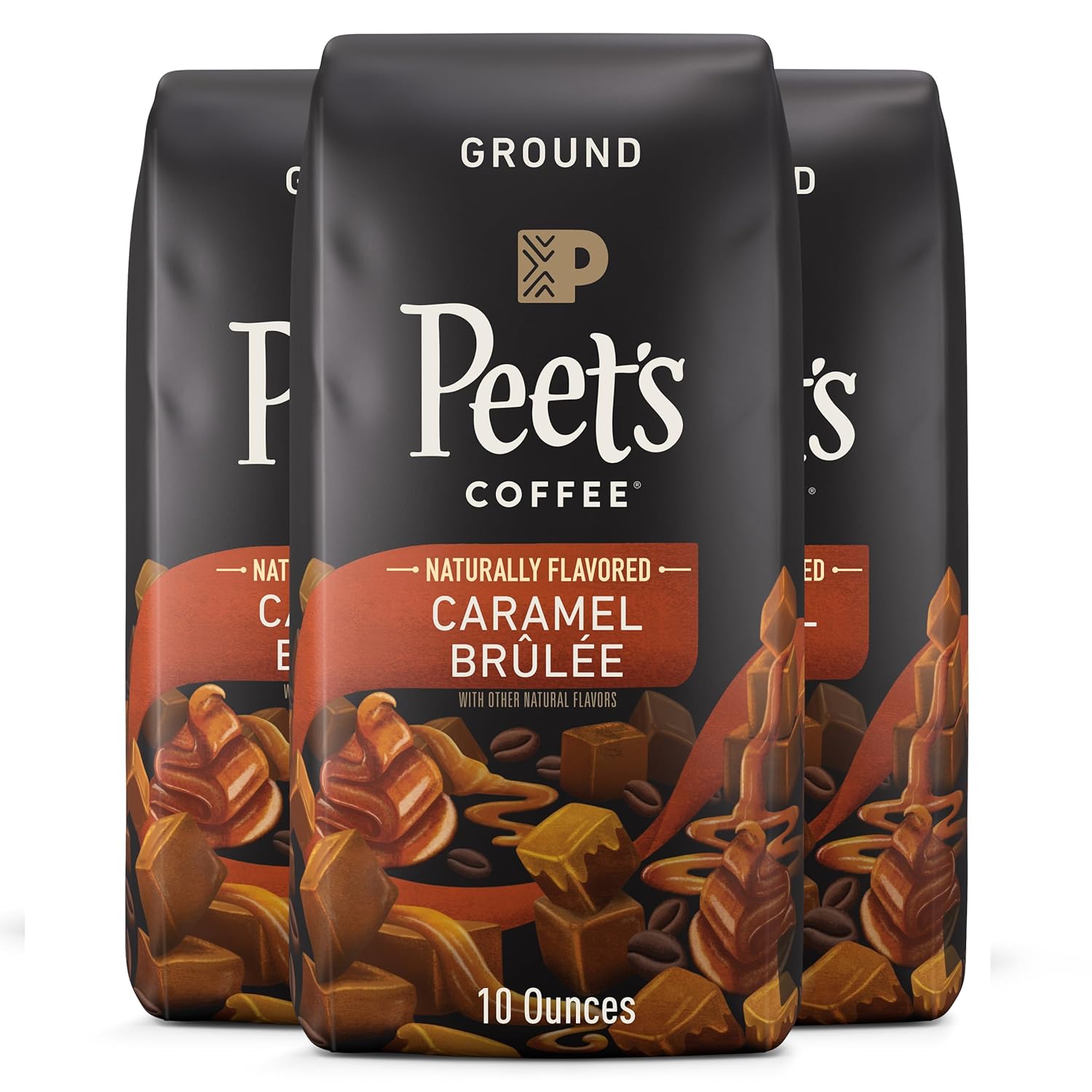 Peet's Flavored Coffee, Caramel Brulee Ground Coffee, Light Roast, 10 Oz (Pack of 3)