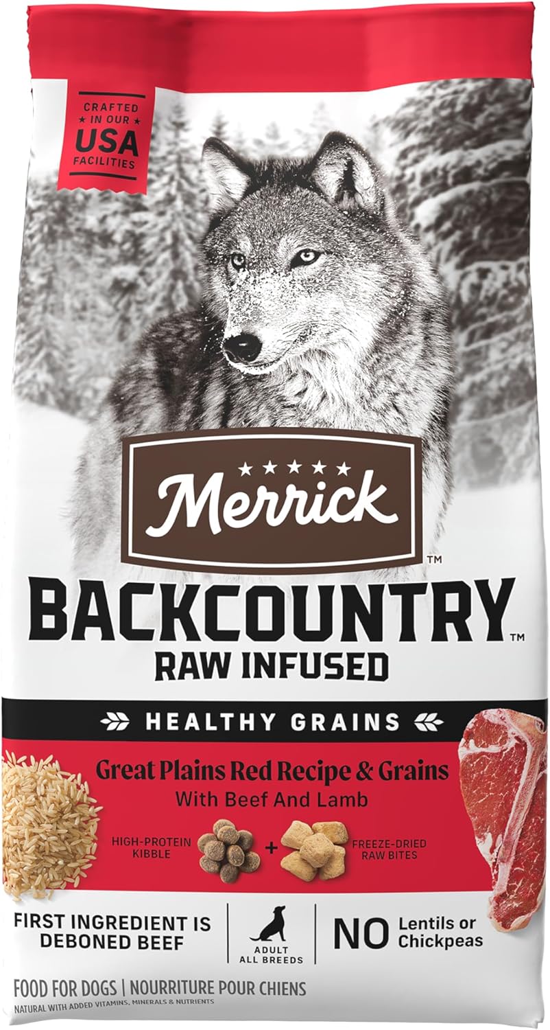 Merrick Backcountry Healthy Grains Kibble With Freeze Dried Raw Pieces, Great Plains Red Meat Recipe Dog Food - 4.0 Lb. Bag