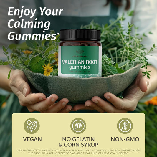 Herbamama Valerian Root Calm Gummies - 1800 Mg Valerian Root Herb Calming Supplements For Adults - Vegan, Gelatin-Free, Non-Gmo - 90 Apple-Flavored Relaxing Chews