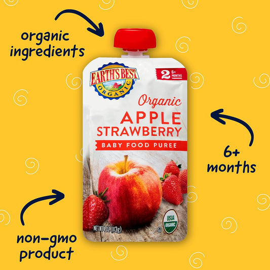 Earth'S Best Organic Baby Food Pouches, Stage 2 Fruit Puree For Babies 6 Months And Older, Organic Apple Strawberry Puree, 4 Oz Resealable Pouch (Pack Of 12)