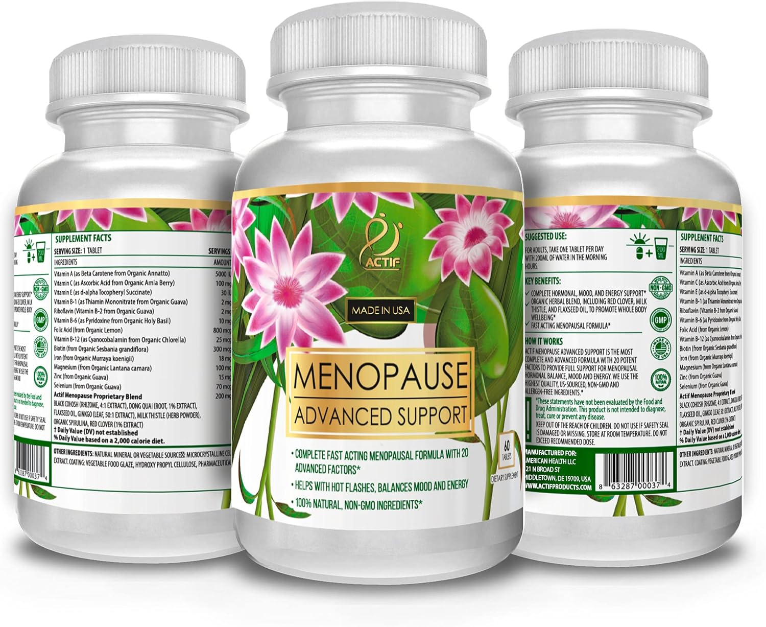 Actif Menopause Advanced Support with 20+ Organic Vitamins and Herbs - Relieves Hot Flashes, Night Sweats - Non GMO, Fast Acting, Made in USA, 60 Count : Health & Household