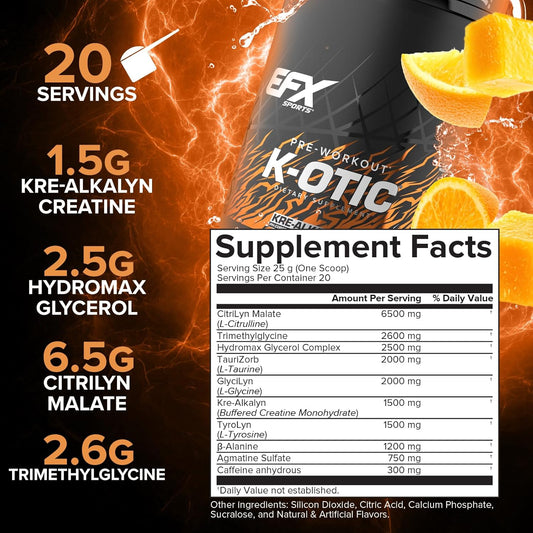 Efx Sports K-Otic Pre Workout | With Kre-Alkalyn Creatine & Hydromax Glycerol | 300Mg Caffeine + Full-Spectrum Amplifiers | 20 Servings (Orange Mango)