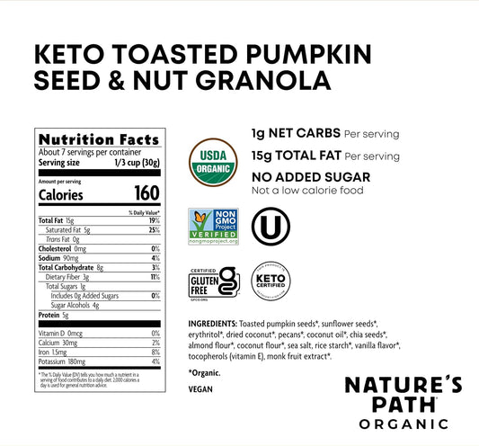 Nature's Path Organic Keto Crunch Toasted Pumpkin Seed and Vanilla Nut Granola, 8 Ounce (Pack of 6), Keto Certified, Non-GMO, Gluten Free, 1g Net Carbs, 5g Plant Based Protein