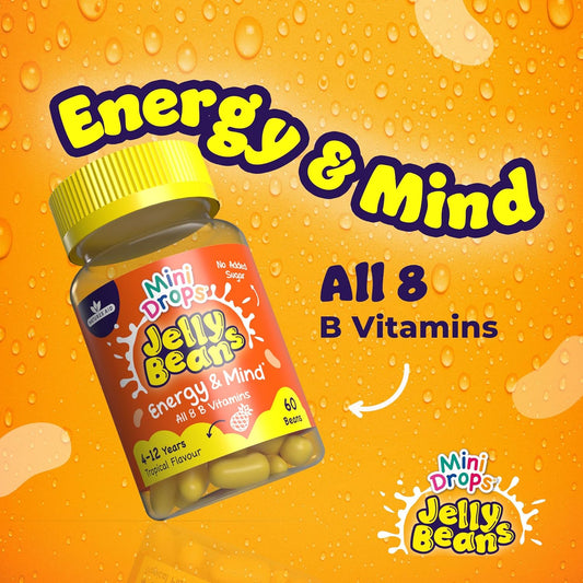 Mini Drops Jelly Beans Energy & Mind - 8 B Vitamins Including B12 To Support Energy, Mental And Reduce Tiredness - Tropical, No Added Sugar Gluten Free - 60 Beans For Children Ages 4-12 By Natures Aid