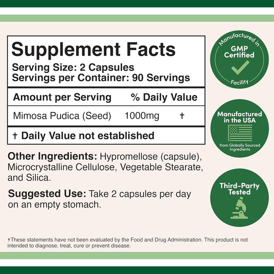 Mimosa Pudica Seed Capsules (180 Capsules, 3 Month Supply) 1000Mg, For Digestive Support, By Double Wood