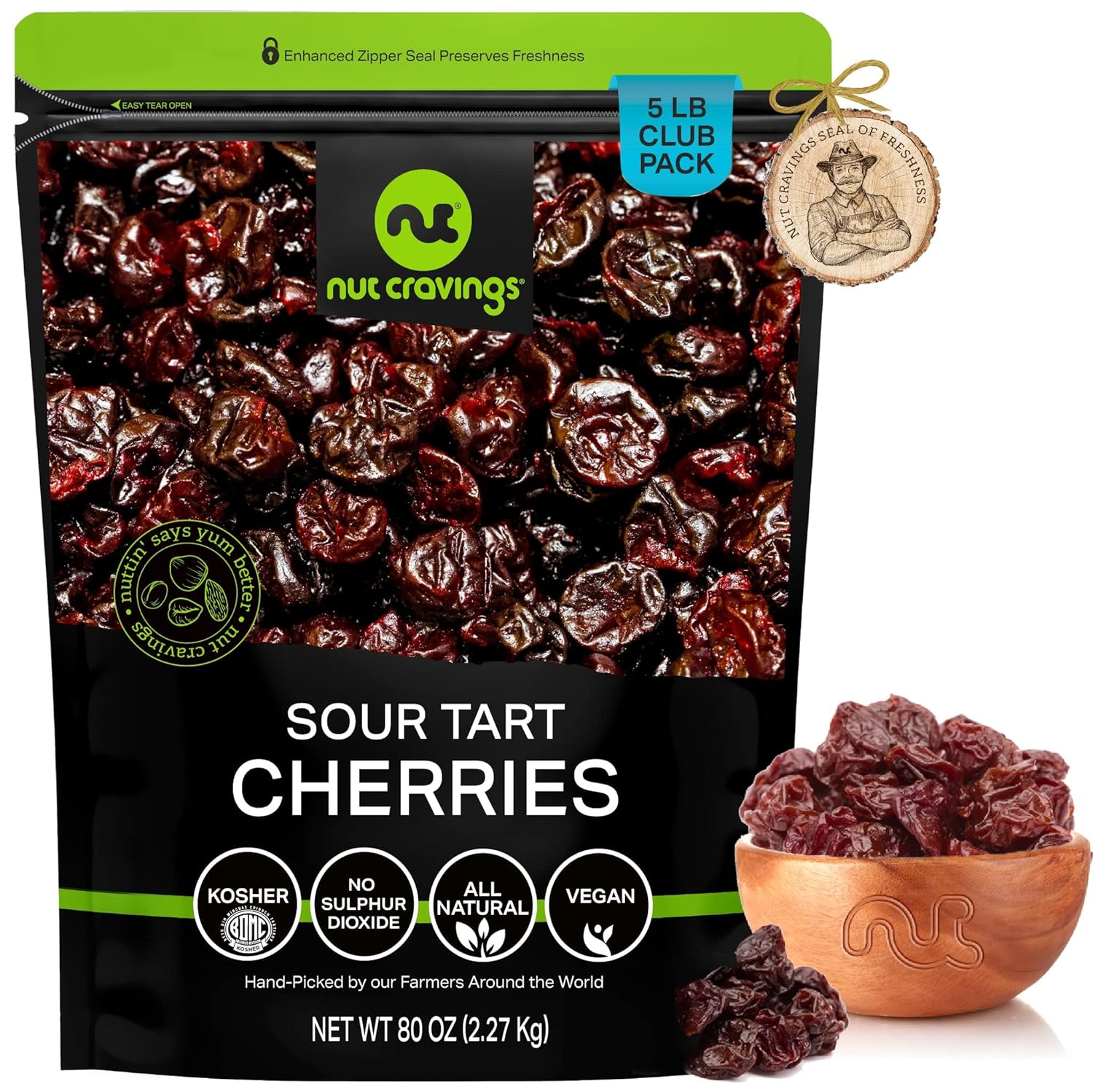 Nut Cravings Dry Fruits - Sun Dried Sour Tart Cherries, Lightly Sweetened (80oz - 5 LB) Packed Fresh in Resealable Bag - Sweet Snack, Healthy Food, All Natural, Vegan, Kosher Certified