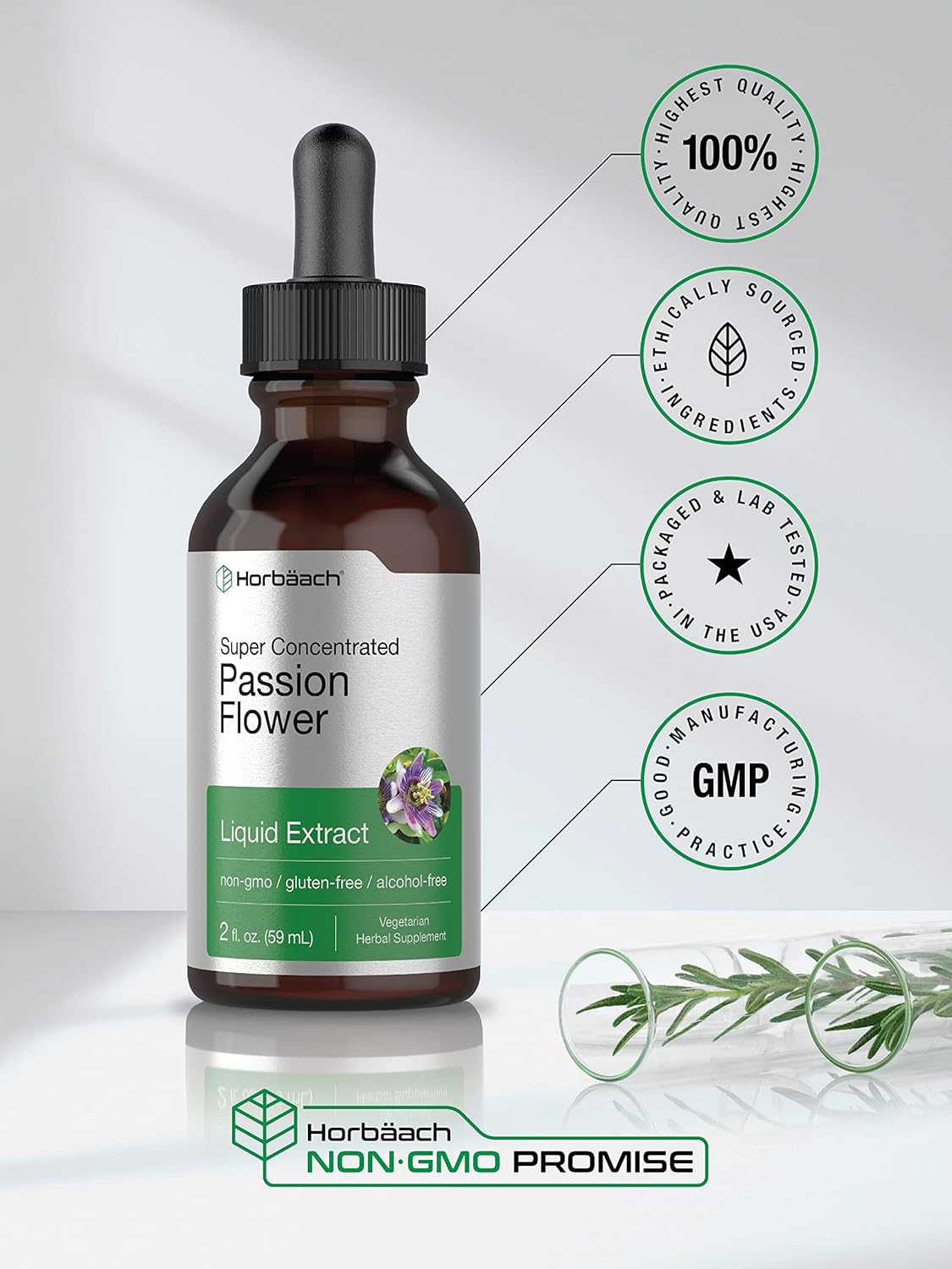 Horbäach Passion Flower Tincture | 2 fl oz | Alcohol Free Liquid Extract Drops | Super Concentrated Supplement | Vegetarian, Non-GMO, Gluten Free : Health & Household