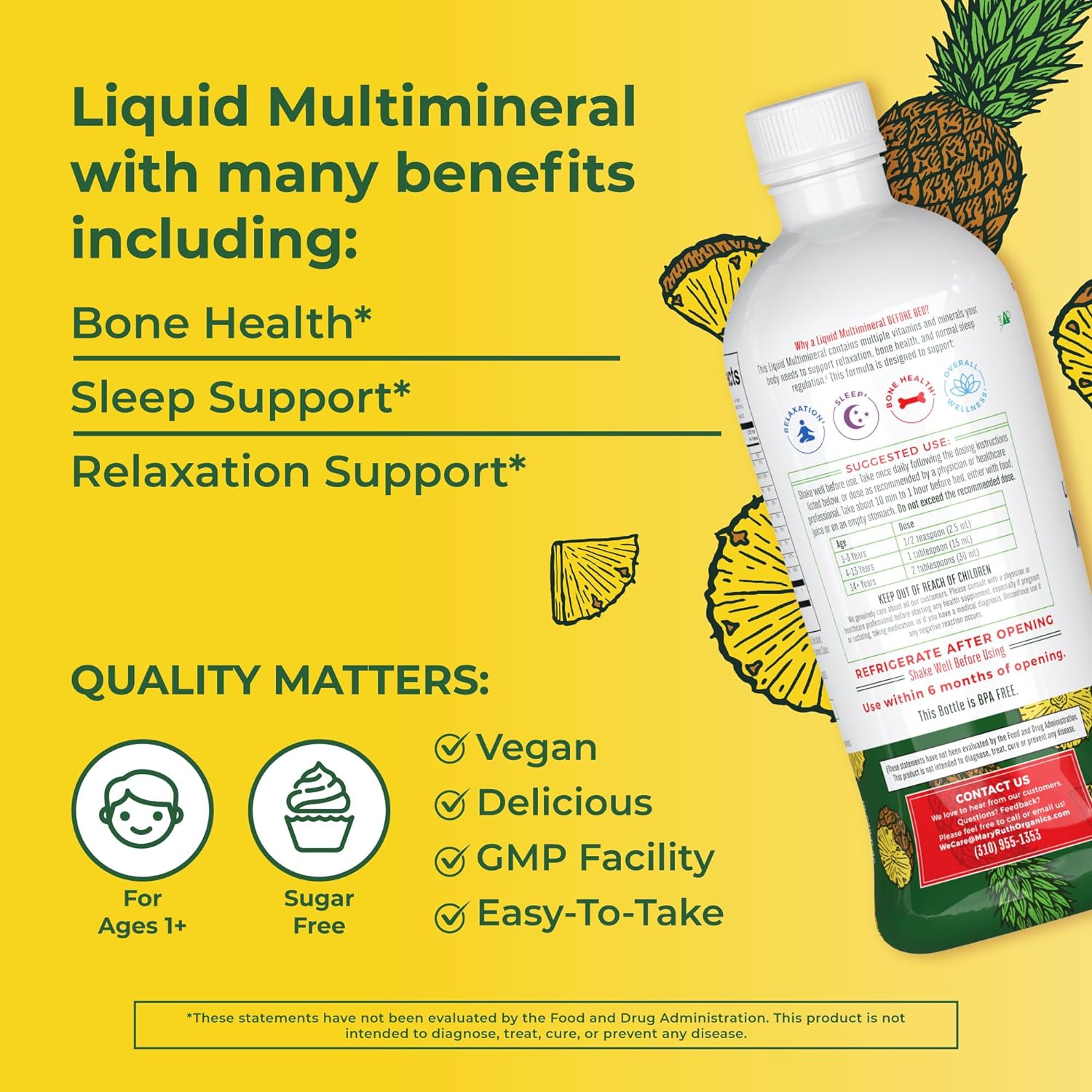 MaryRuth Organics Nighttime Liquid Multimineral Sleep Supplement, Sugar Free, Calm Magnesium Citrate Sleep, NO Melatonin, Calcium Magnesium Zinc, 4 Flavors Available, Vegan, Gluten Free, 32 Servings