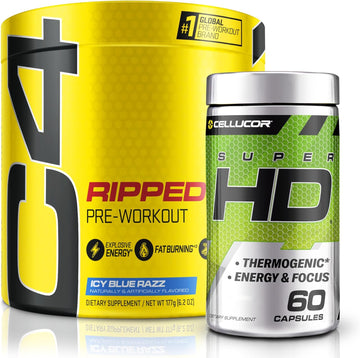 C4 Ripped & SuperHD, The Thermogenic Bundle, C4 Ripped Pre Workout Powder, ICY Blue Razz 30 Servings + SuperHD with Capsimax and Green Tea Extract, 60 Servings
