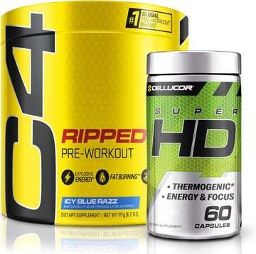 C4 Ripped & Superhd, The Thermogenic Bundle, C4 Ripped Pre Workout Powder, Icy Blue Razz 30 Servings + Superhd With Capsimax And Green Tea Extract, 60 Servings