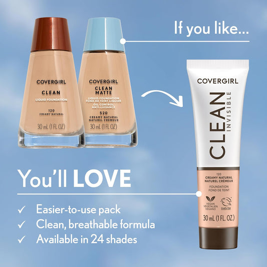 Covergirl Clean Invisible Foundation Makeup, Dewy & Glowy Natural Finish, Buildable Coverage, Skin-Like Smooth Look, Vegan, Golden Caramel, 1Oz