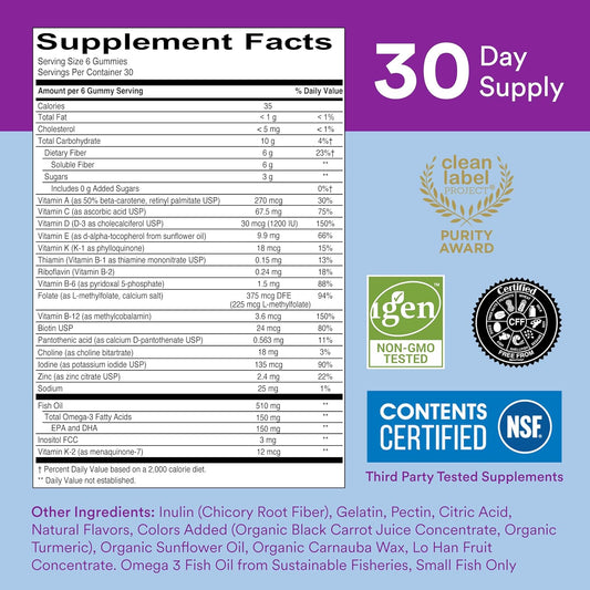 Smartypants Fiber Supplement & Multivitamin For Men & Women: Multivitamin Fiber Gummies With Vitamin D3, C, Vitamin B12, B6, Vitamin A, K & Zinc, Omega 3 Fish Oil (Epa/Dha), 180 Count (30 Day Supply)