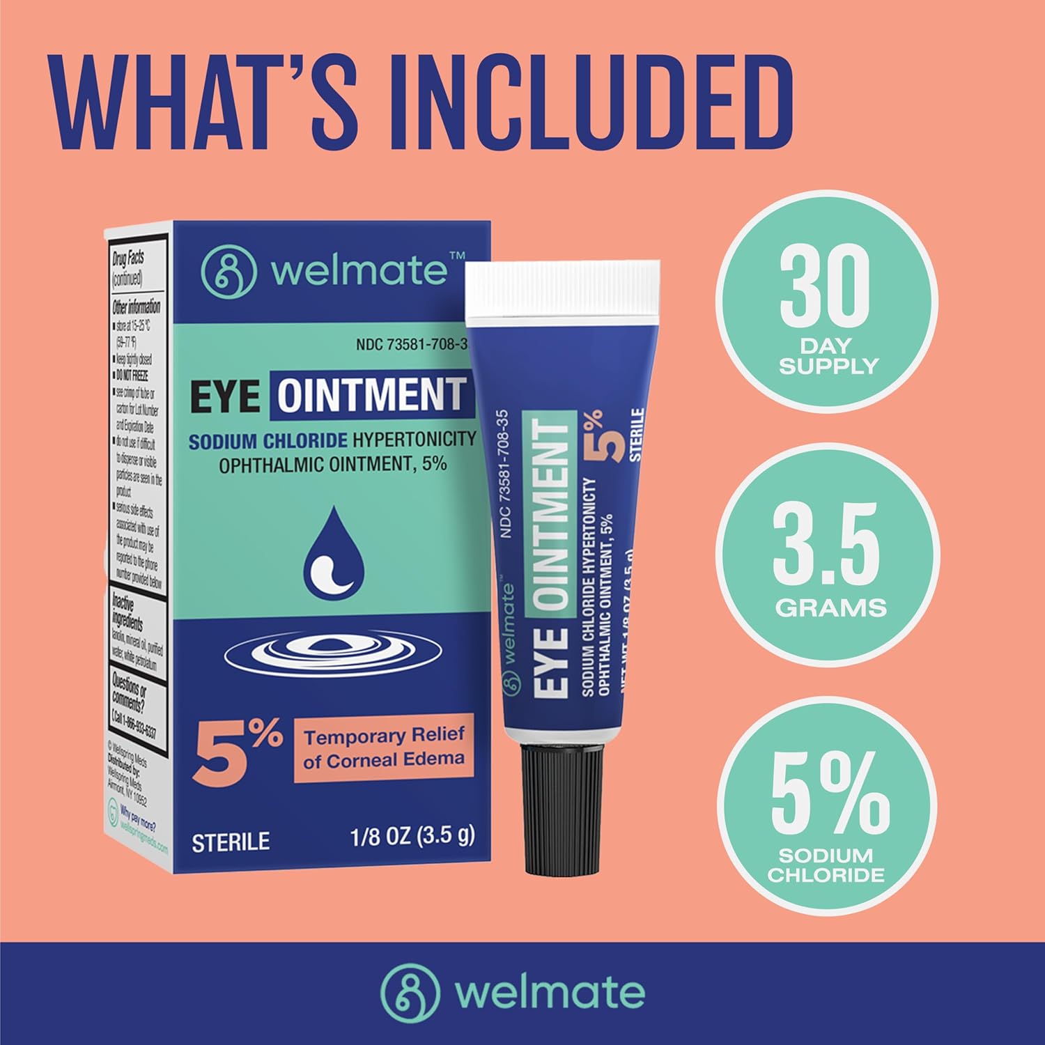 WELMATE - Eye Ointment - Sodium Chloride Hypertonicity Ophthalmic Ointment 5% - Temporary Relief of Corneal Edema Eye Symptoms - Sterile - Eye Care & Personal Care Products - 1/8 OZ (3.5 g) : Baby