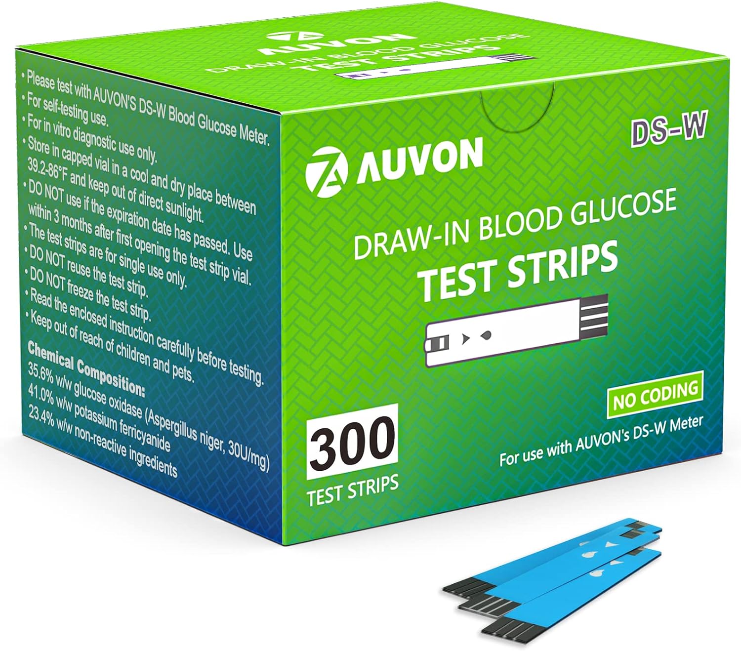 Auvon Ds-W Draw-In Blood Glucose Test Strips For Use With Auvon Ds-W Diabetes Sugar Testing Meter (No Coding Required, 300 Count)