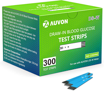 Auvon Ds-W Draw-In Blood Glucose Test Strips For Use With Auvon Ds-W Diabetes Sugar Testing Meter (No Coding Required, 300 Count)