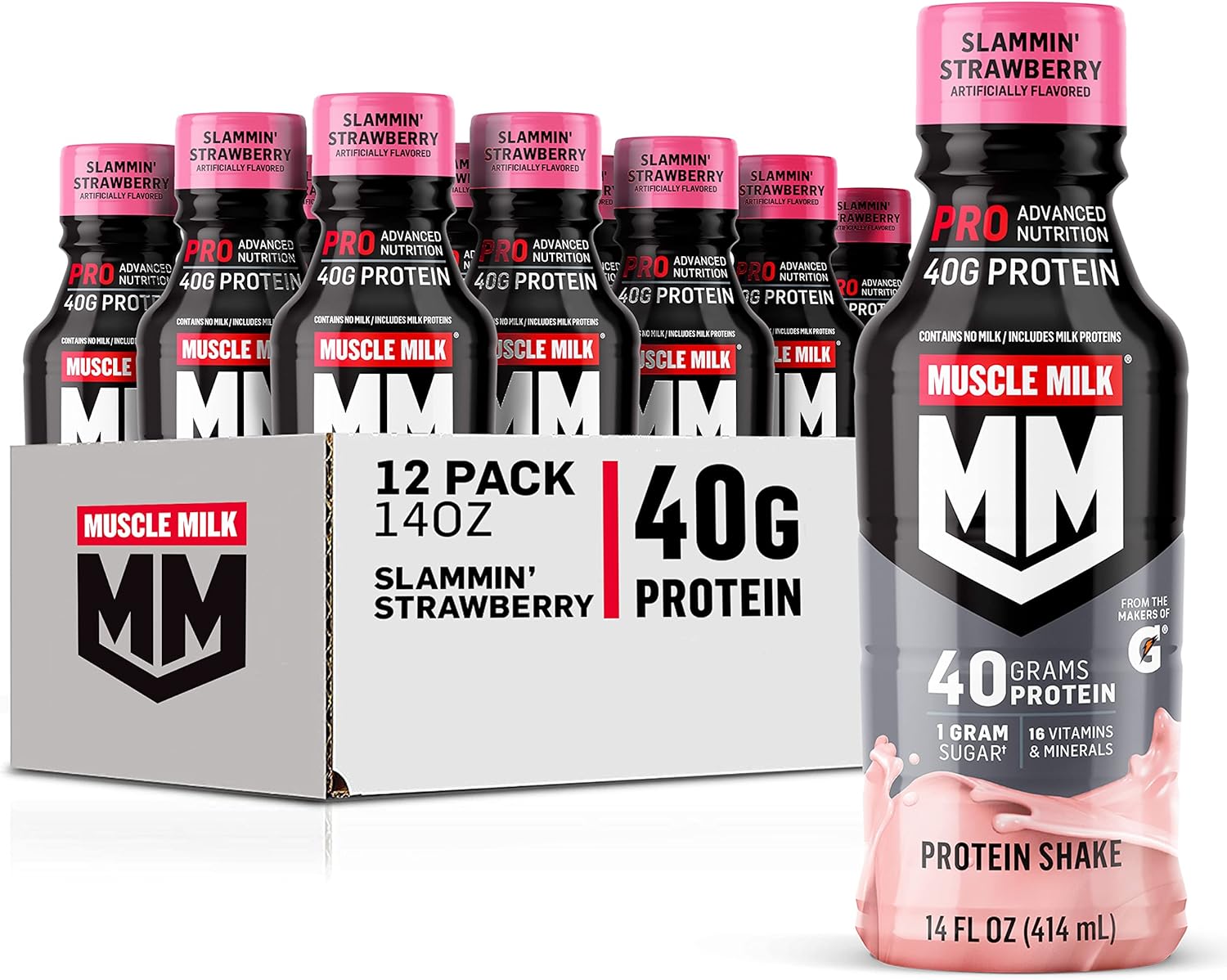 Muscle Milk Pro Series Protein Shake, Slammin' Strawberry, 40g Protein 12 Pack