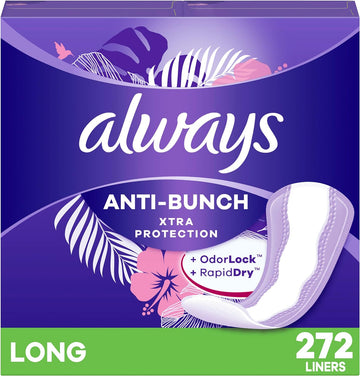 Always Anti-Bunch Xtra Protection Daily Liners, Long Length, Unscented, 136 Count x 2 (272 Count Total)