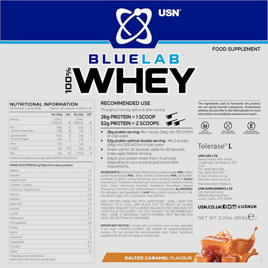 Usn Blue Lab Whey Protein Powder: Salted Caramel - Whey Protein 908G - Post-Workout - Whey Isolate - Muscle Building Powder Supplement With Added Bcaas
