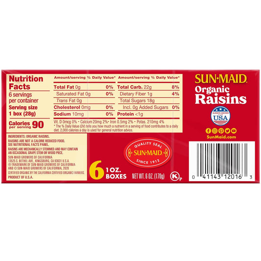 Sun-Maid Organic California Sun-Dried Raisins - (72 Pack) 1 oz Snack-Size Box - Organic Dried Fruit Snack for Lunches, Snacks, and Natural Sweeteners