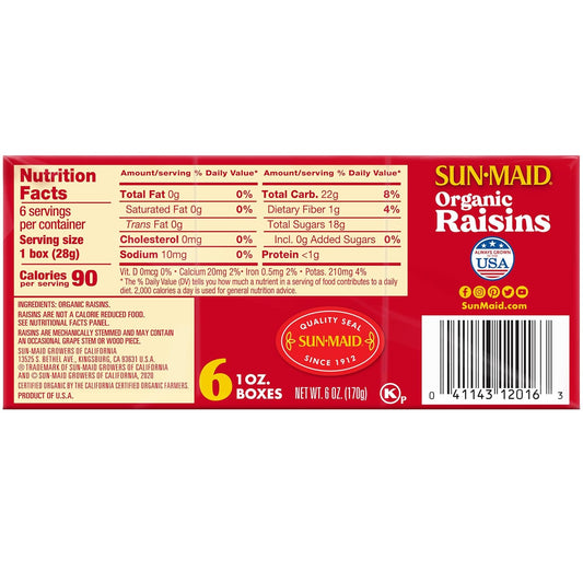 Sun-Maid Organic California Sun-Dried Raisins - (72 Pack) 1 Oz Snack-Size Box - Organic Dried Fruit Snack For Lunches, Snacks, And Natural Sweeteners