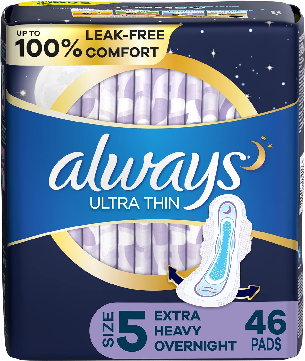 ALWAYS Ultra Thin Size 5 Extra Heavy Overnight Pads With Wings Unscented, 46 Count