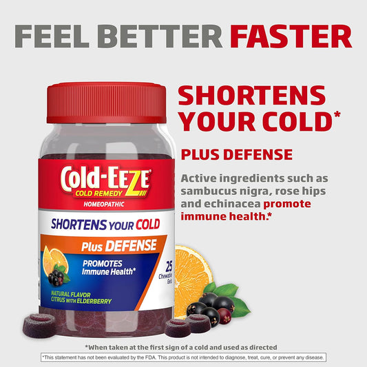 Cold-Eeze Plus Defense Natural Citrus & Elderberry Zinc Chewable Gels, Homeopathic Cold Remedy, Shortens Common Cold Symptoms, Promotes Immune Health With Sambucus Nigra, Echinacea & Rose Hips, 25 Ct