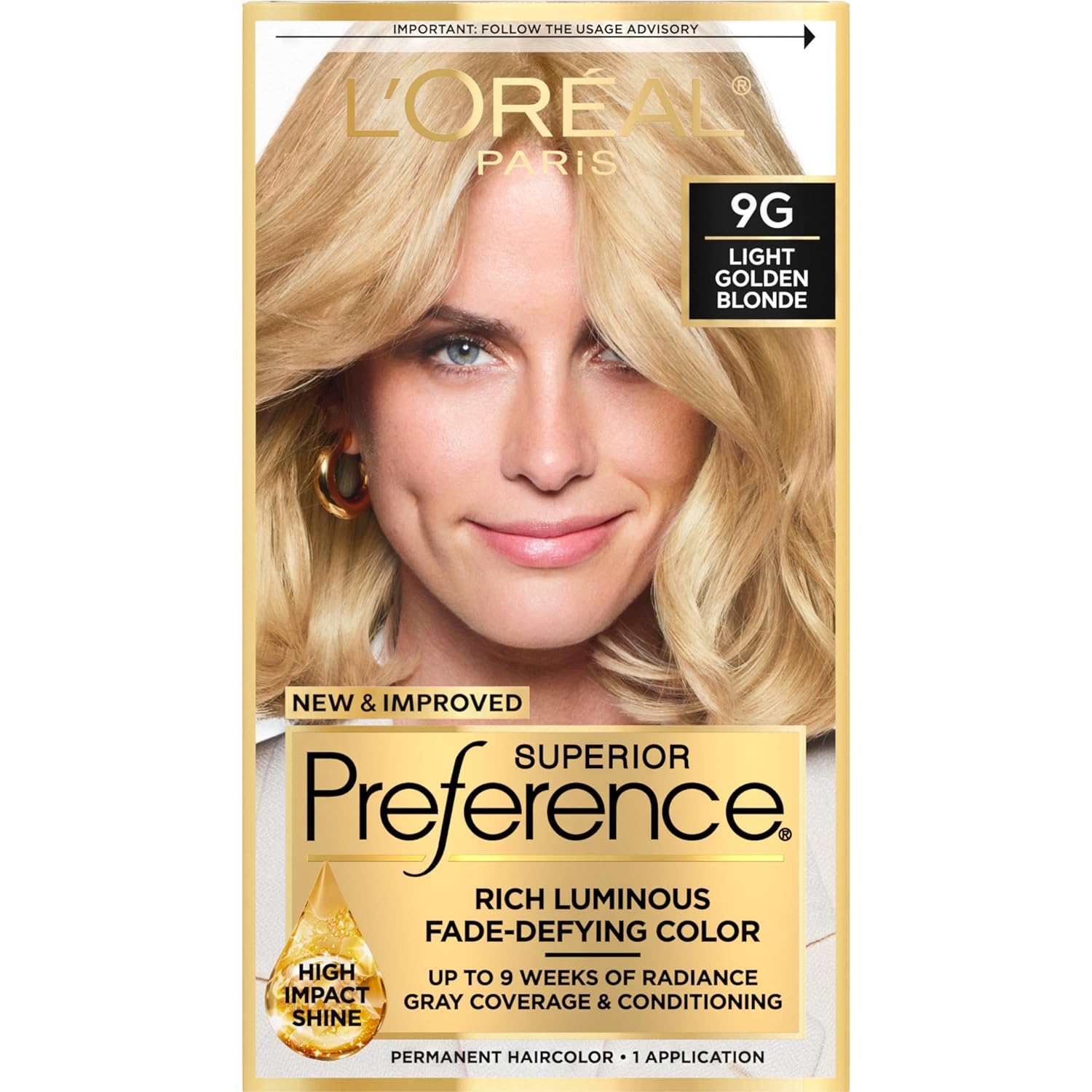 L'Oreal Paris Superior Preference Fade-Defying + Shine Permanent Hair Color, 9G Light Golden Blonde, Pack Of 1, Hair Dye