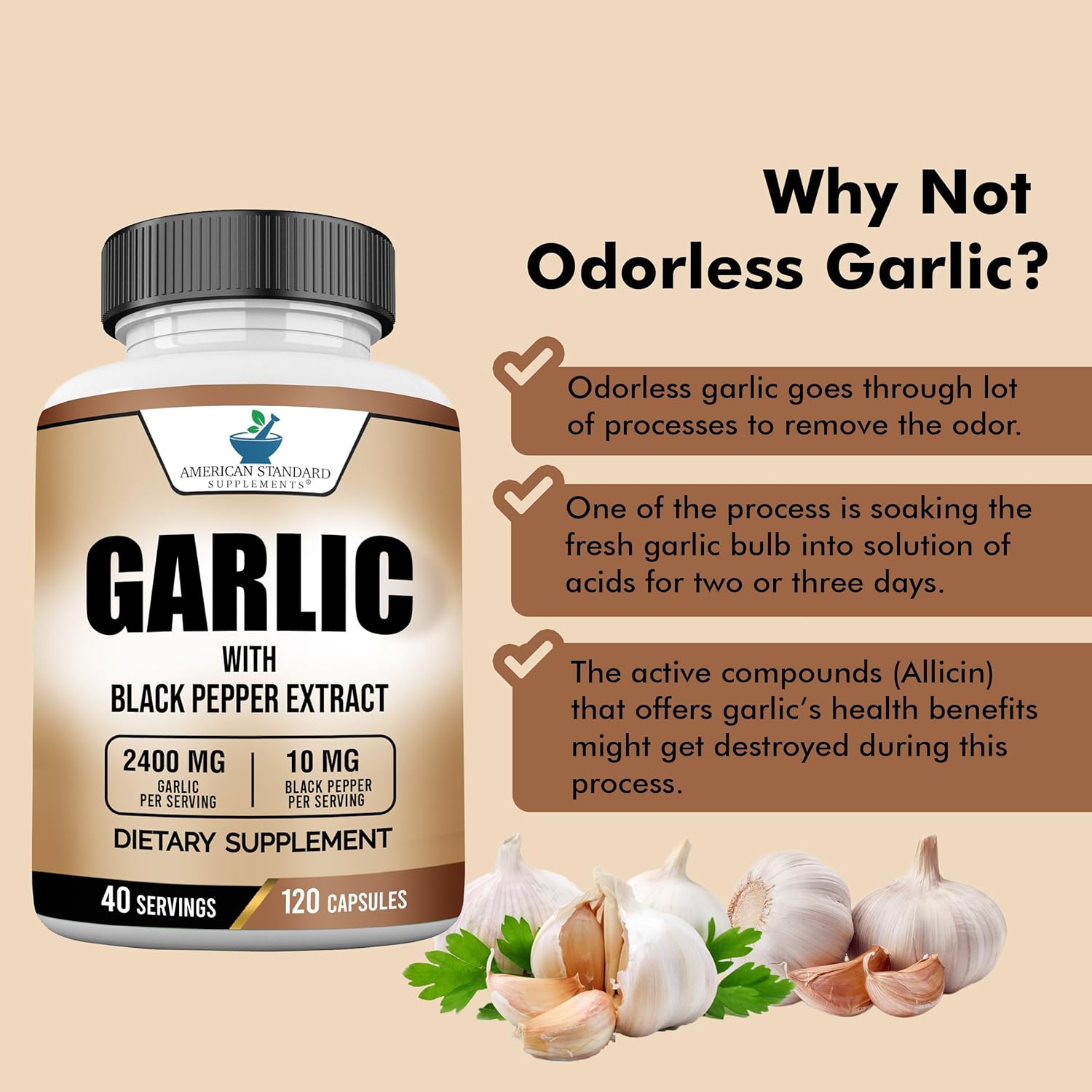 American Standard Supplements Garlic 2400mg Per Serving with Black Pepper Fruit Extract – Vegan, Gluten Free, Non-GMO, 120 Capsules, 40 Servings : Health & Household