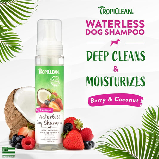 TropiClean Dog Shampoo Grooming Supplies - Deep Cleansing Waterless Shampoo - No Water Required - Dog Dry Shampoo for Pups & Kittens - Used by Groomers - Berry & Coconut, 220ml?TRDCWS7.4Z