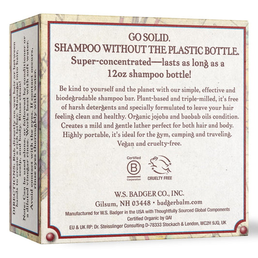 Badger - Jojoba & Baobab Conditioning Shampoo Bar, Natural Vegan Hair Bar, 3 Oz