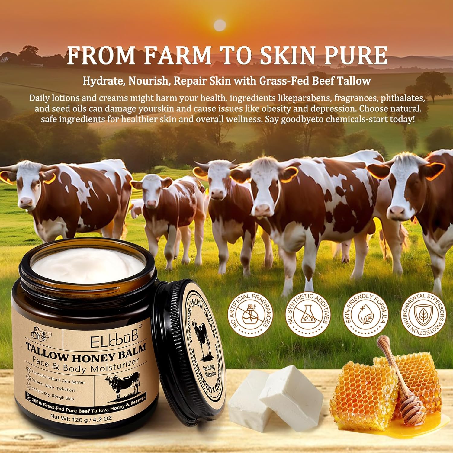 Elbbub Whipped Tallow Cream For Face & Body - 100% Grass-Fed Beef Tallow, Natural Honey & Beeswax Moisturizer, Deep Hydration & Nourishment, Oil-Free & Unscented, Fast Absorbing : Beauty & Personal Care