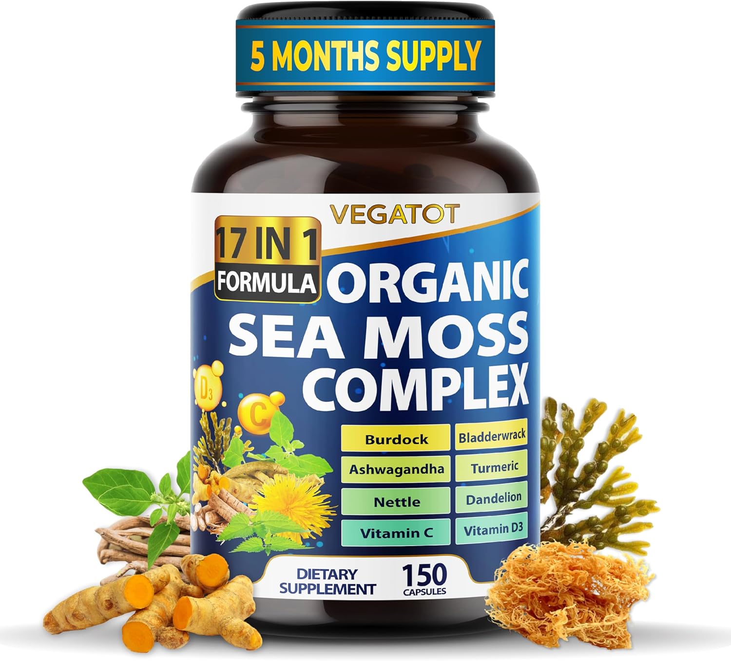 Organic Sea Moss 14,300Mg With Bladderwrack, Burdock, Ashwagandha, And Turmeric - Immunity Booster For Healthy Aging, Skin & Joint Support- Made In The Usa (150 Count (Pack Of 1))