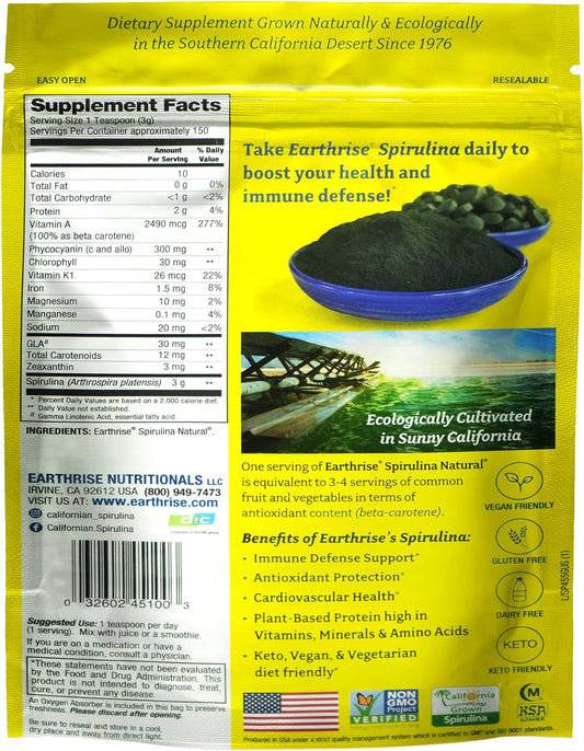 Earthrise Spirulina Natural Powder 16oz, Natural Premium Spirulina from California- Vegan, Gluten Free, Keto Friendly, Non -GMO Super Food high in Vitamins & Minerals. (1 LB)