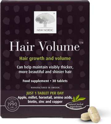 New Nordic Hair Volume 30 Tablets - Clinically Proven Hair Growth Vitamins - Biotin, Zinc & Apple - Visibly Thicker & Shiny Hair - For Women & Men