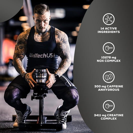 Biotechusa Black Blood Nox+ | Pre-Workout Formula | With Caffeine, Creatine, Tyrosine | Sugar-Free | 340 G | Blood Orange