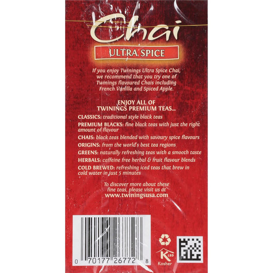 Twinings Chai Tea, Ultra Spice Chai Tea Bags With Cinnamon, Ginger, Cardamon, Clove For A Spicy Chai Tea Latte, 20 Tea Bags