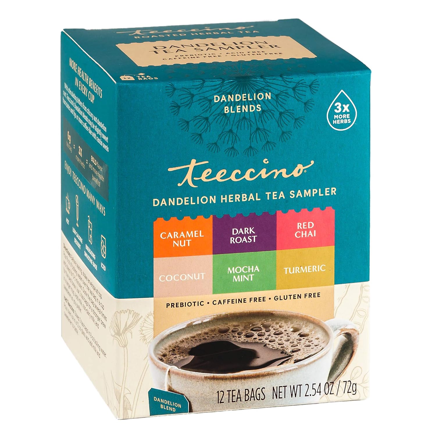 Teeccino Dandelion Tea Sampler – Caramel, Coconut, Dark Roast, Mocha Mint, Red Chai, Turmeric – Roasted Herbal Tea That’S Caffeine Free & Prebiotic With Detoxifying Dandelion, 12 Tea Bags