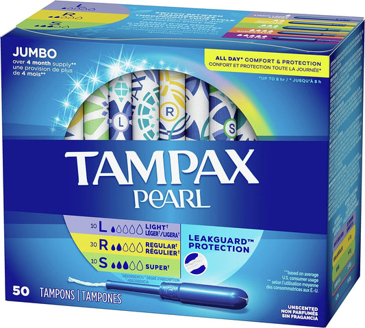 Tampax Pearl Tampons Trio Pack, Light, Regular, Super Absorbency, BPA-Free Plastic Applicator and LeakGuard Braid, Unscented, 100 Count