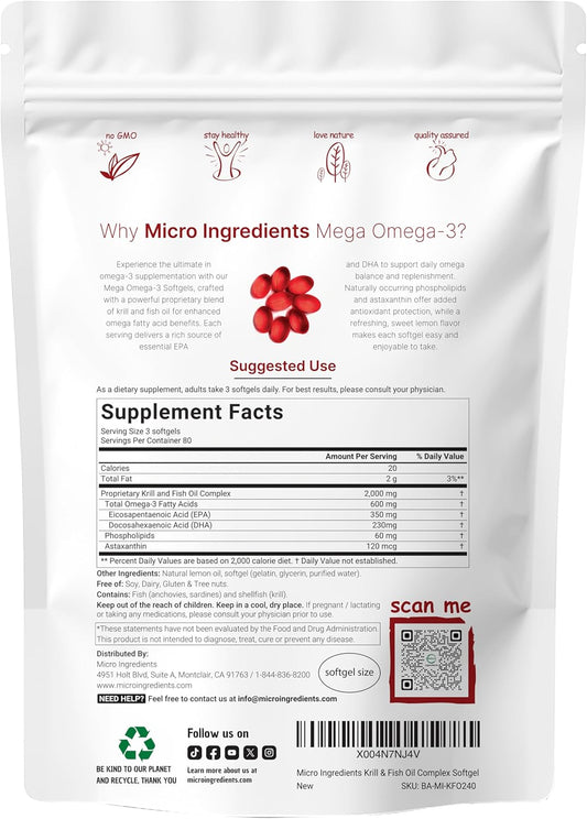 Mega Omega-3 Krill & Fish Oil 2,000Mg Equivalent, 240 Softgels | Lemon Flavored | Burpless | Essential Fatty Acids & Astaxanthin | Epa 350Mg + Dha 230Mg | Heart & Brain Supplement