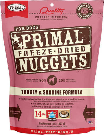 Primal Freeze Dried Dog Food Nuggets, Turkey & Sardine; Complete & Balanced Meal; Also Use as Topper or Treat; Premium, Healthy, Grain Free, High Protein Raw Dog Food, 14 oz