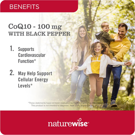 Naturewise Coq10 100Mg Softgels, High Absorption Coenzyme 10 With Bioperine Black Pepper - Antioxidant For Heart Health + Cellular Energy - Vegan, Non-Gmo, Gluten-Free - 90 Count[3-Month Supply]