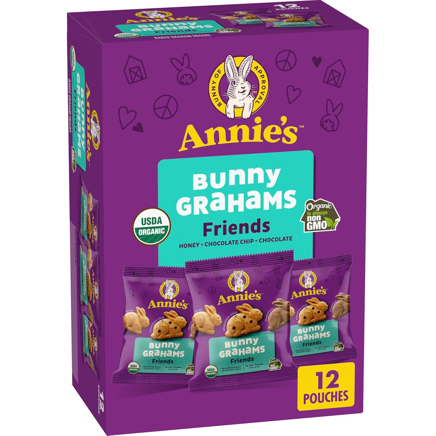 Annie'S Organic Friends Bunny Graham Snacks, Chocolate Chip, Chocolate & Honey, 12 Packets