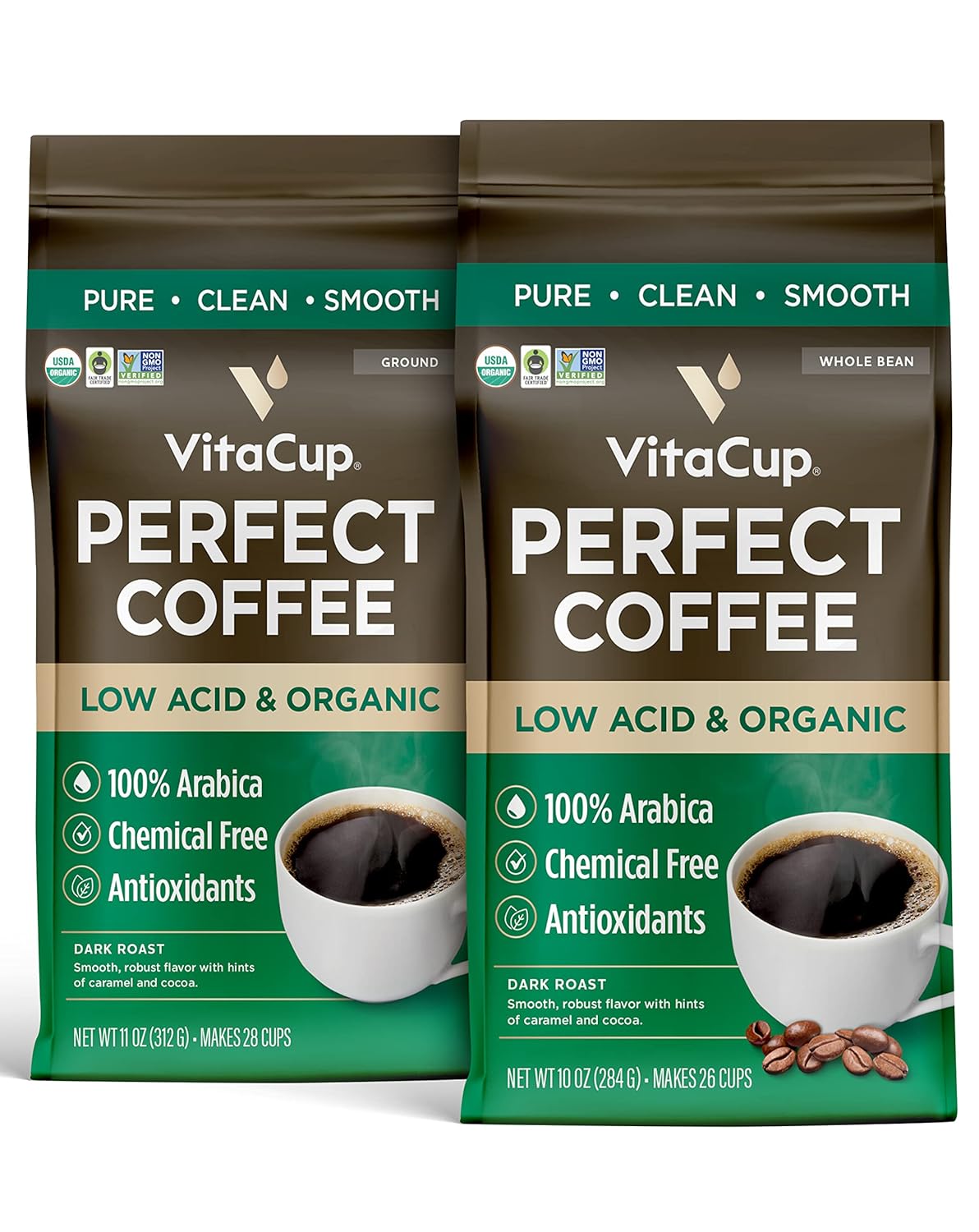 Vitacup Perfect Low Acid Coffee Beans, 11Oz & Perfect Low Acid Ground Coffee, 11 Oz Bundle | Dark Roast, Usda Organic & Fair Trade, Mycotoxin Free, Single Origin